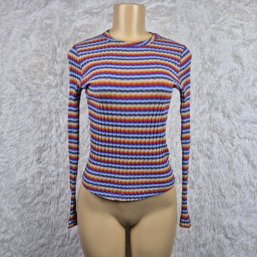 YMC Womens Raindrops Ribbed Long Sleeve Stripe Top Multi Color Crew Neck Size M